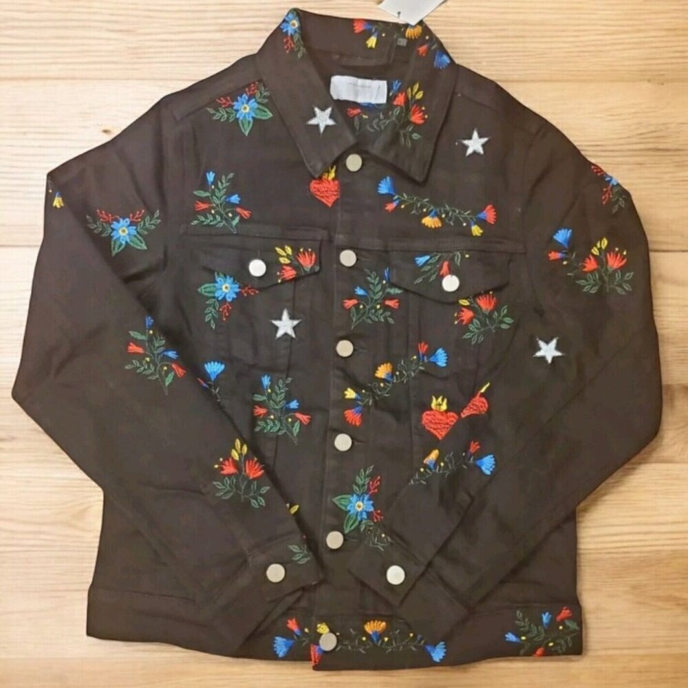 Lifted Anchors Rialto‎ Jacket Black Denim Mens Small Embroidered Flowers Hearts